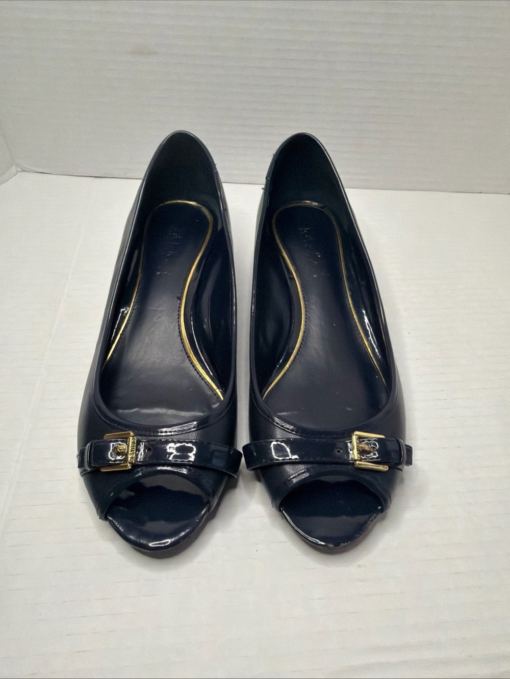 Ralph Lauren Madison Wedge Buckle Blue Leather Peep Toe Pump Shoes Women's 7.5B